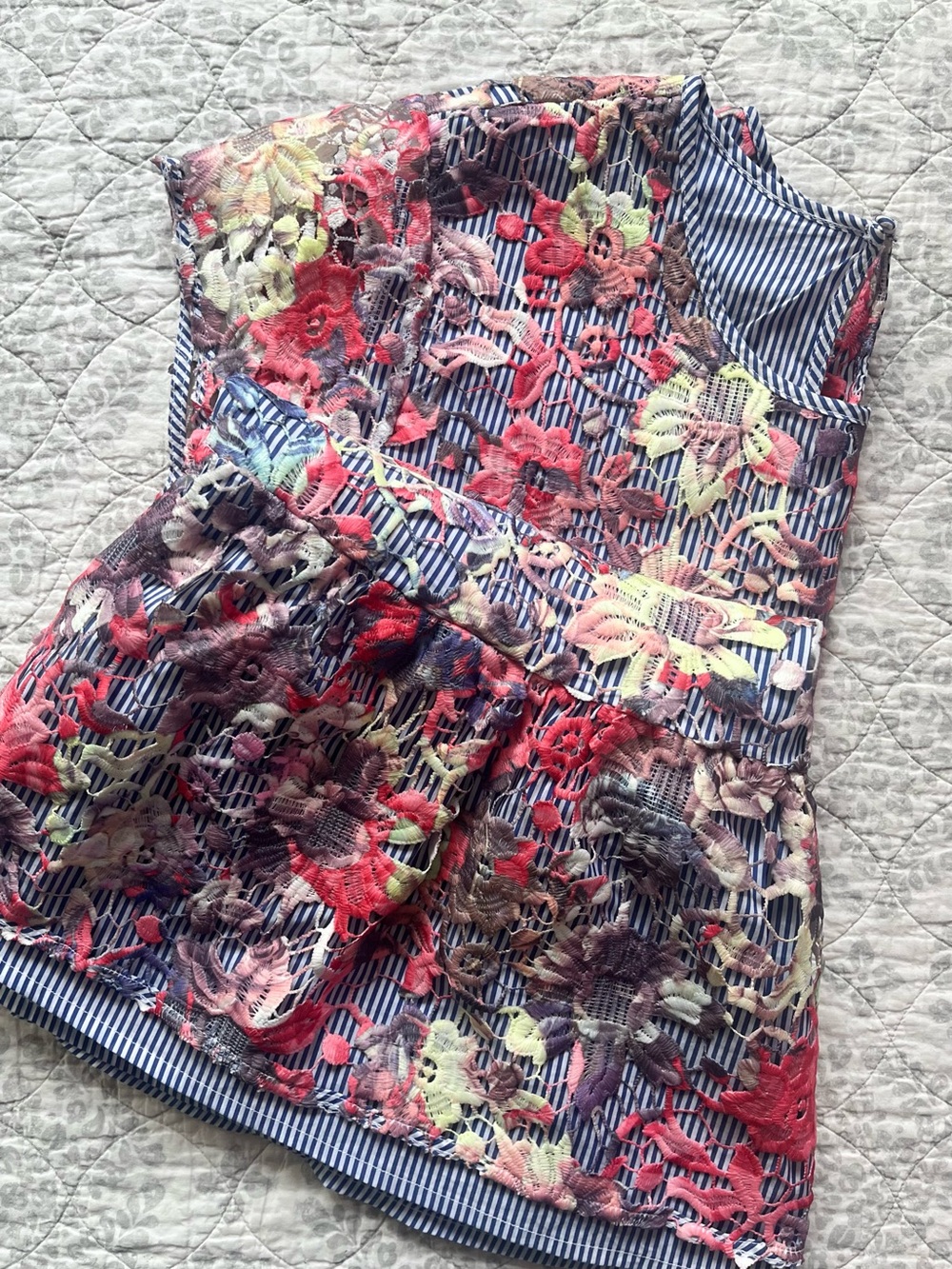 XL Halogen Peplum Top Floral Lace Overlay with Blue and White Stripe Underlay
